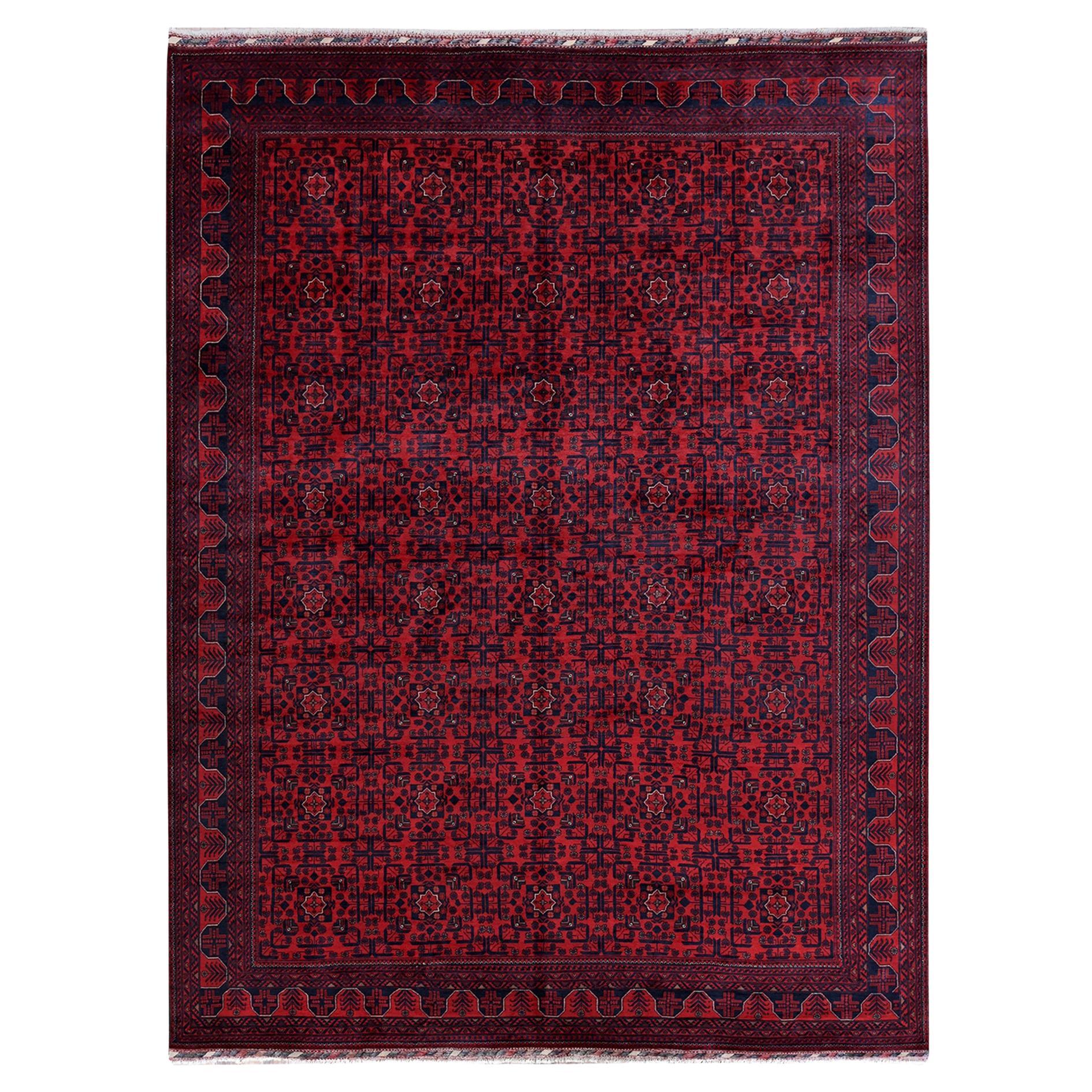 9'9 "x13'3" Alfombra afgana roja Khamyab con motivos tribales anudada a mano en lana