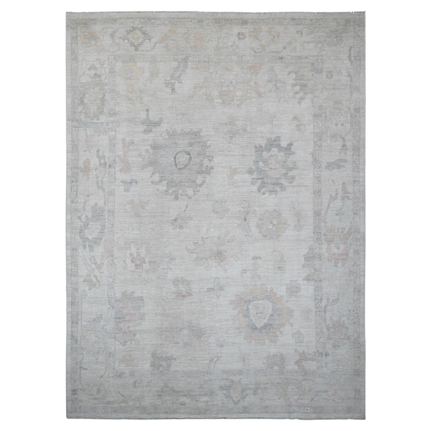 9'9 "x13'3" Blanc Afghan Angora Oushak Leaf Design Tapis d'Orient en laine noué à la main