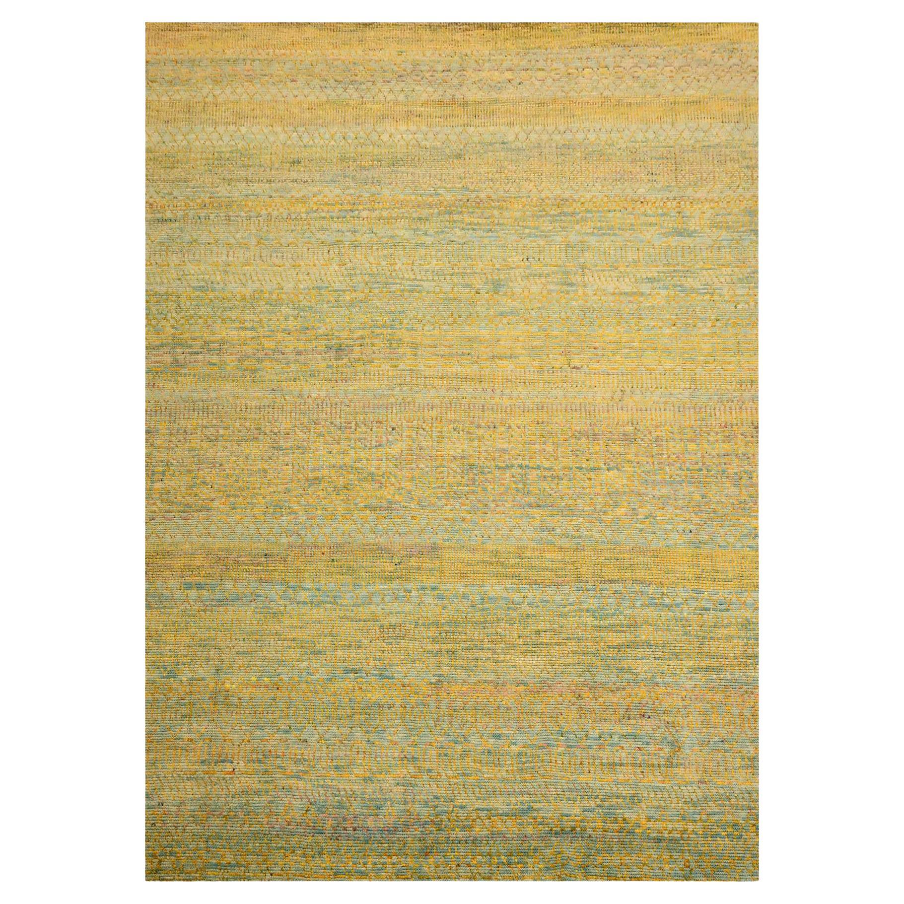 9'9 "x13'5" Alfombra anudada a mano de lana y seda sari con diseño moderno de hierba amarillo dorado