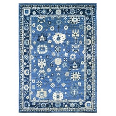9'9"x13'7" Denim Blue Hand Knotted Angora Oushak Leaf Design Wool Oriental Rug