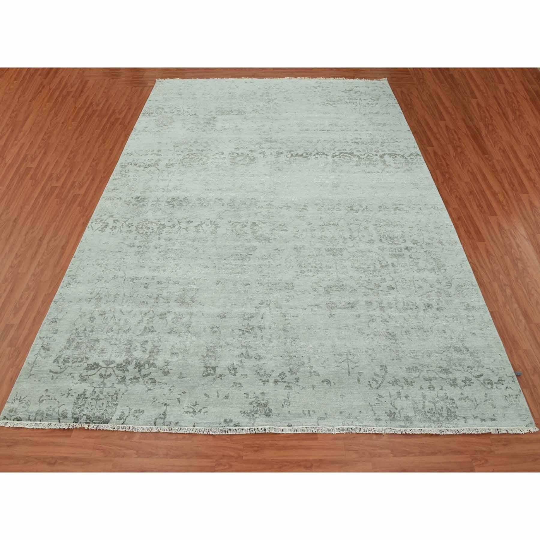 This is a truly genuine one-of-a-kind Sage Gray, Hand Knotted Broken Persian Erased Vase Design, Tone On Tone Wool and Silk, Oriental Rug. It has been Knotted for months and months in the centuries-old weaving craftsmanship techniques by expert