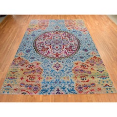 9'9"x13'8" Blue Colorful Maharaja Design Hand Knotted Sari Silk and Wool Rug