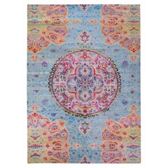9'9"x13'8" Blue Colorful Maharaja Design Hand Knotted Sari Silk and Wool Rug