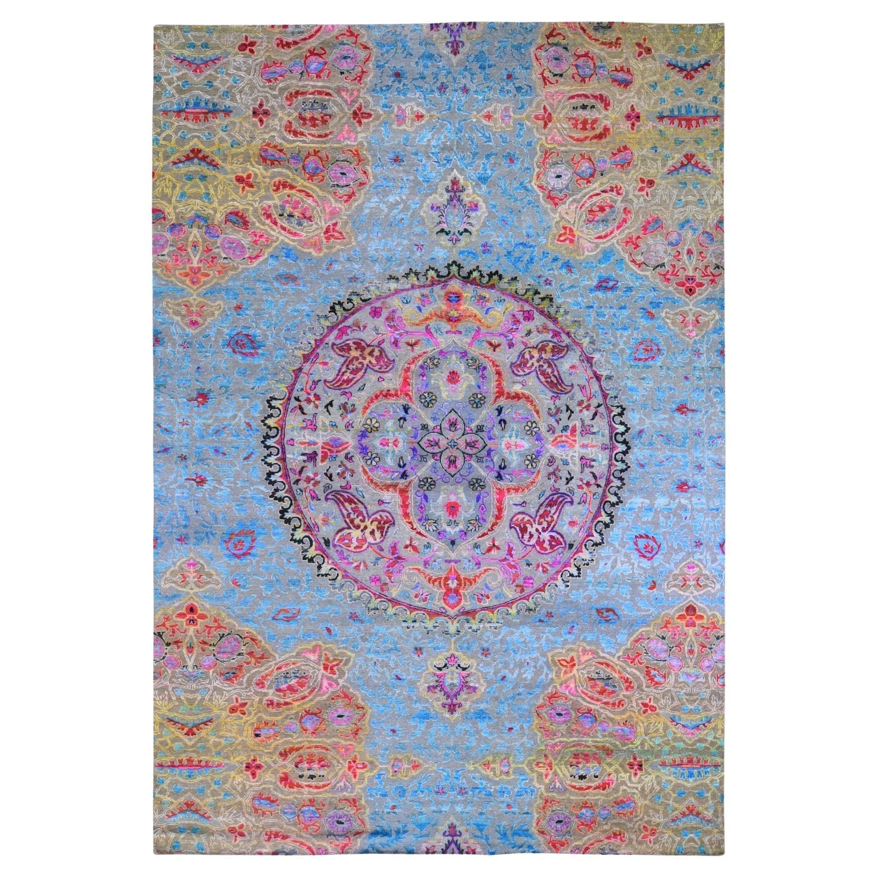 9'9"x13'8" Sari Silk and Textured Wool Colorful Maharaja Design Hand Knotted Rug