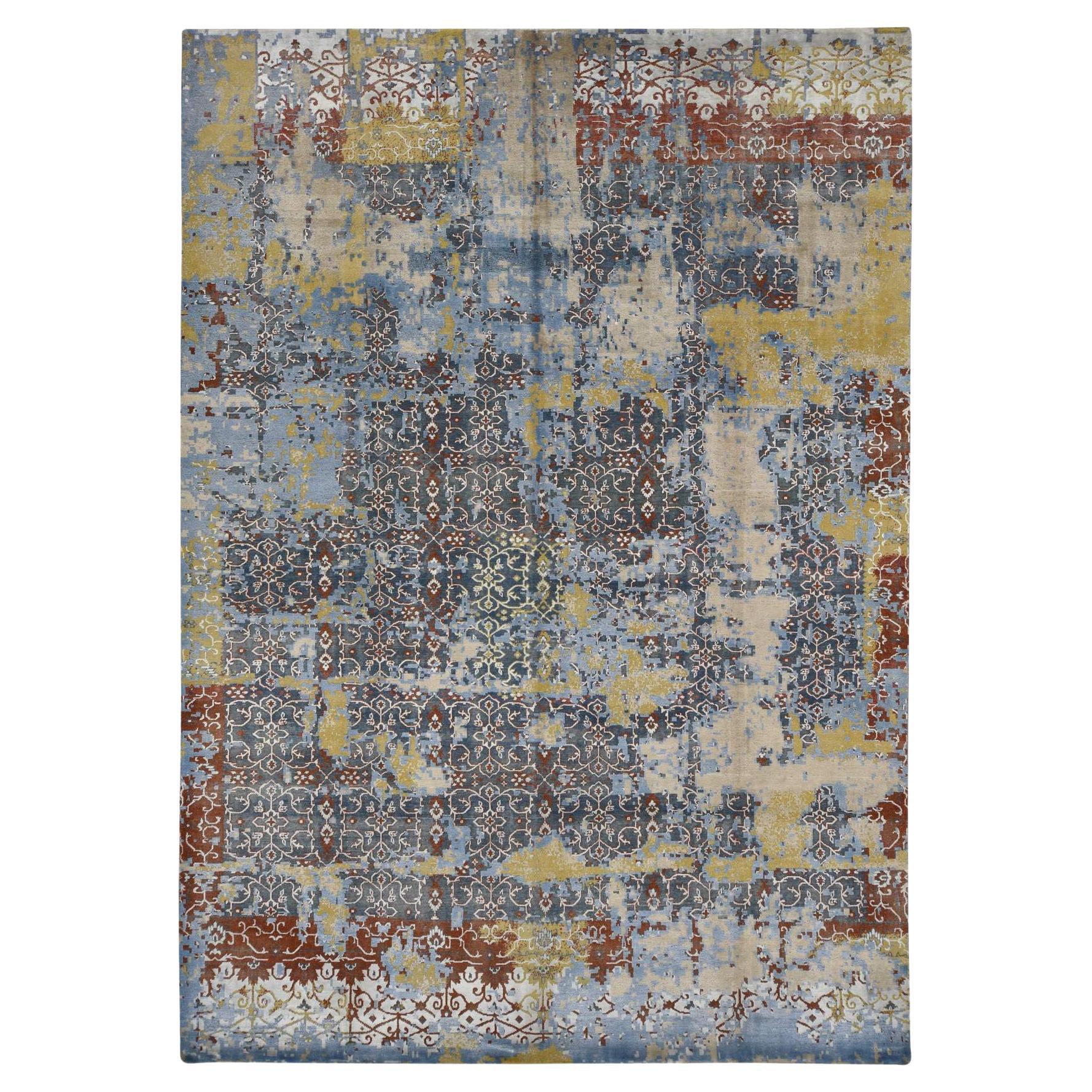 9'9 "x14' Beau Bleu, Laine et Soie, Design/One brisé et effacé, Tapis fait à la main en vente
