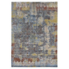 9'9 "x14' Beau Bleu, Laine et Soie, Design/One brisé et effacé, Tapis fait à la main