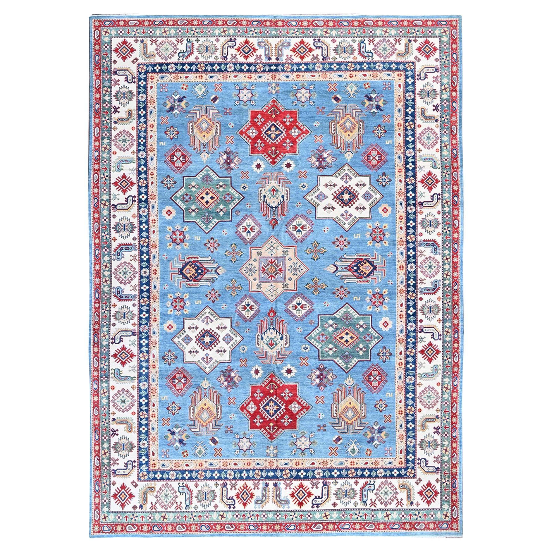 9'9 "x14' Kazak blu con disegno di medaglioni a stella Tappeto orientale in lana annodato a mano