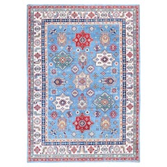 9'9"x14' Blauer Kazak-Teppich aus handgeknüpfter Wolle mit Sternmedaillons-Design