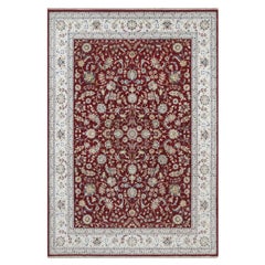9'9"x14' Ruby Red Nain with Flower Pattern Hand Knotted Wool and Silk Rug