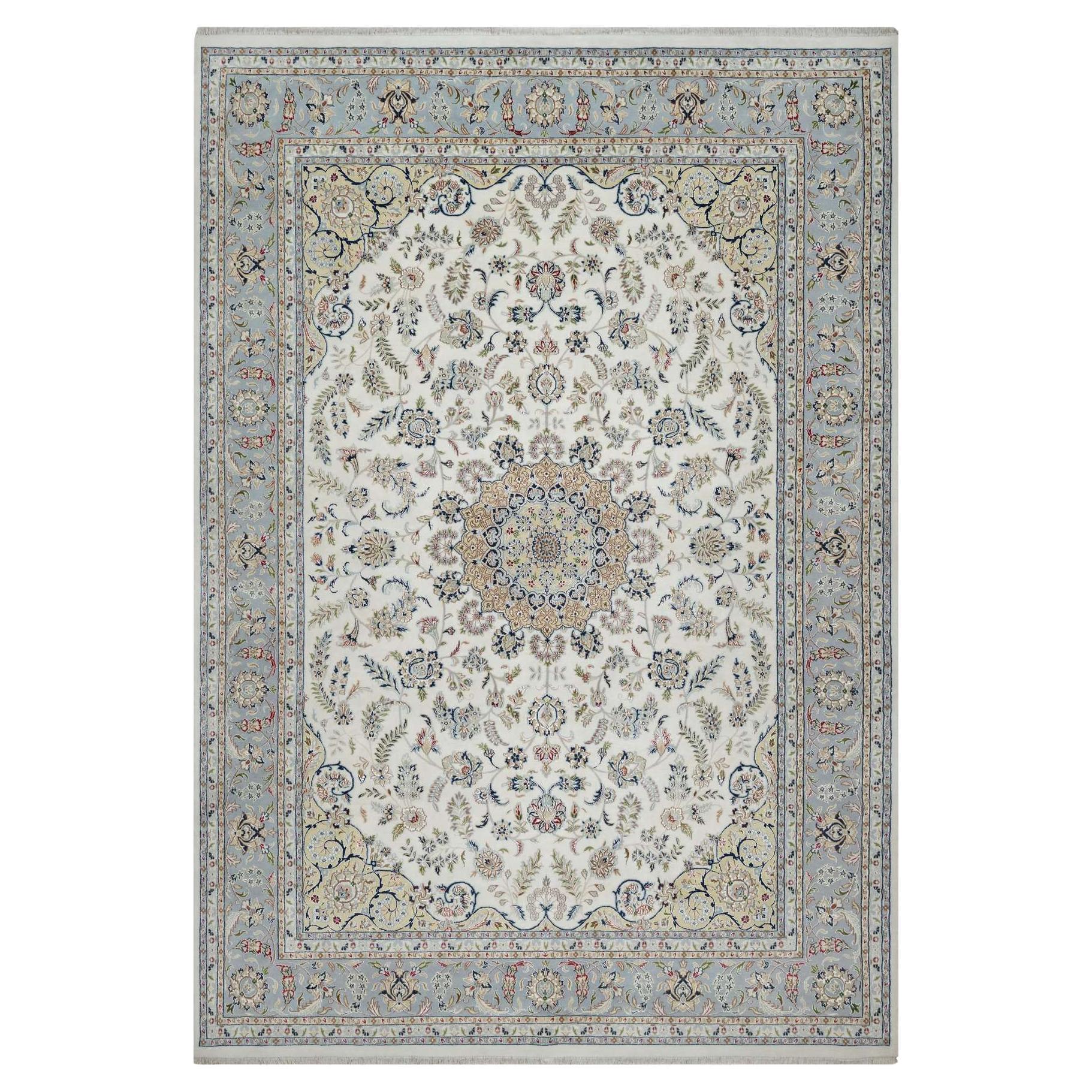 9'9"x14'1" Ivory Nain with Flower Medallion Design Hand Knotted Wool & Silk Rug