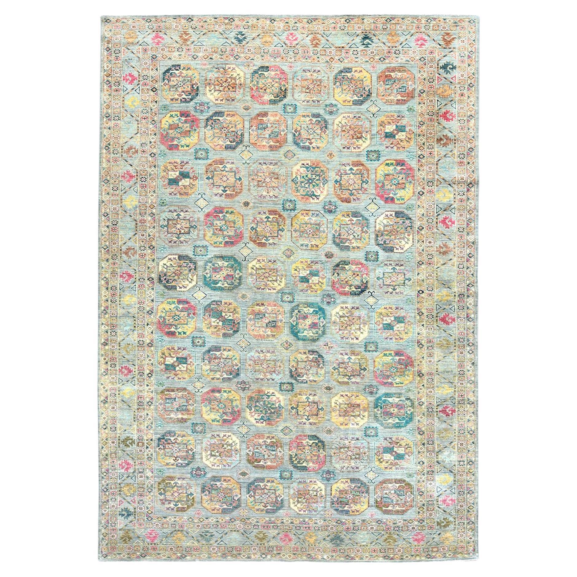 9'9"x14'1" Silver Blue, Afghan Super Kazak Pure Wool Hand Knotted Rug