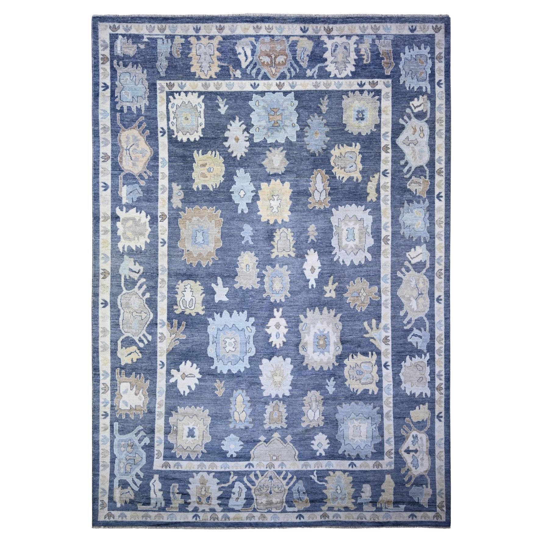9'9"x14'2" Angora afghan bleu Oushak motif de feuilles superposées nouées à la main
