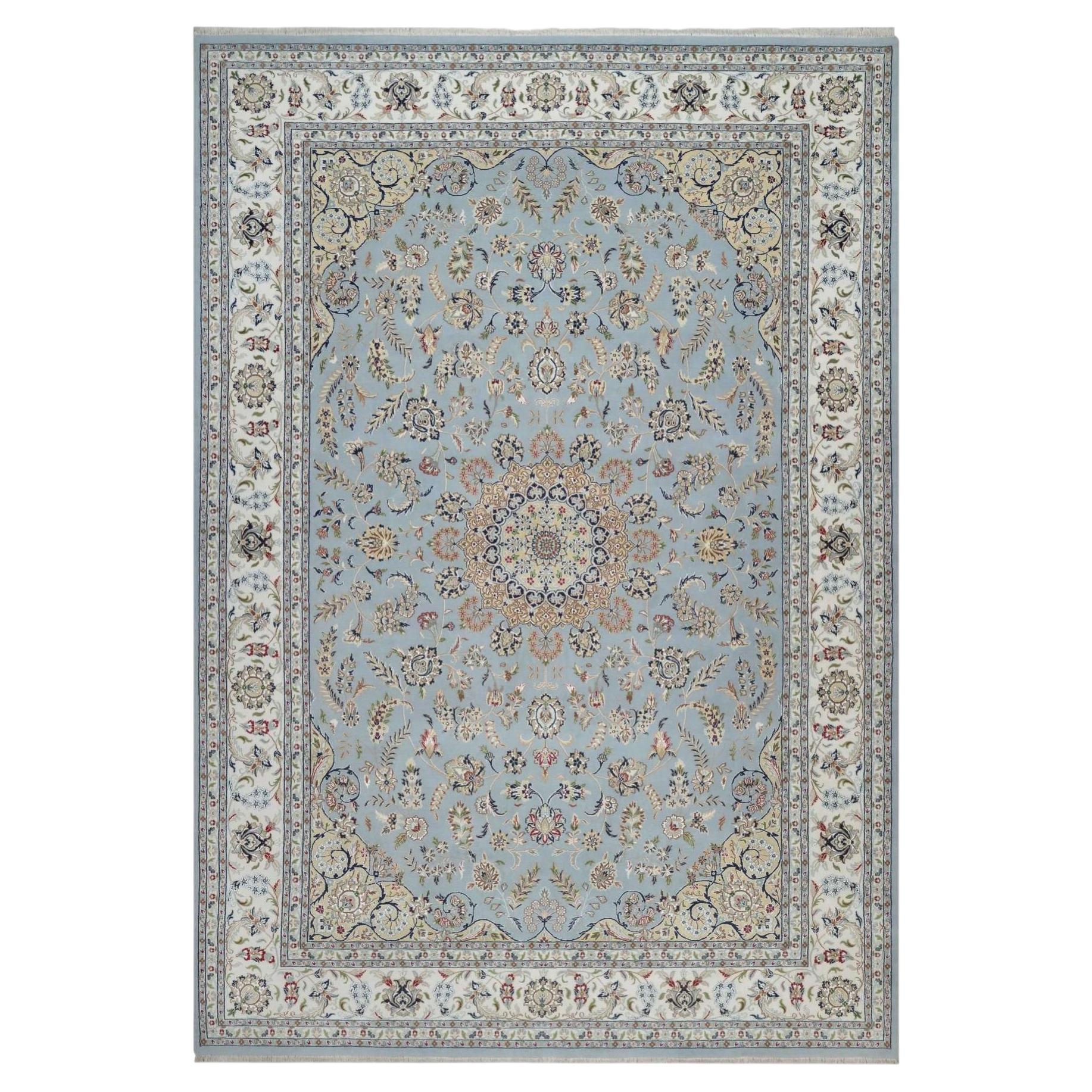 9'9"x14'2" Light Blue Wool and Silk Nain with Medallion Design Hand Knotted Rug For Sale