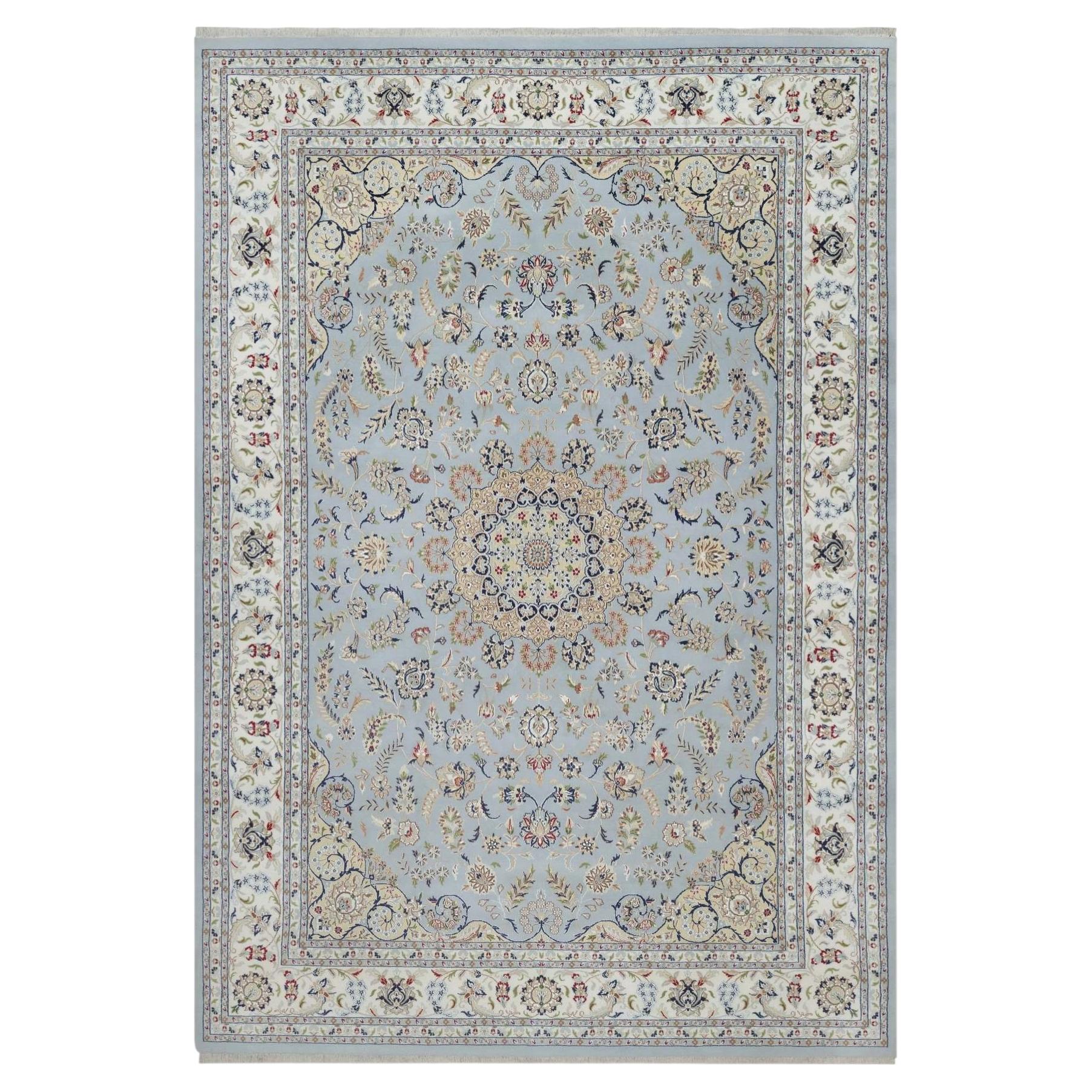 9'9"x14'3" Light Blue Wool and Silk Nain with Medallion Design Hand Knotted Rug