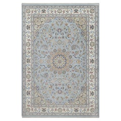 9'9"x14'3" Light Blue Wool and Silk Nain with Medallion Design Hand Knotted Rug