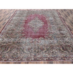 9'9"x15'3" Red Worn Out Vintage Persian Kerman Hand Knotted Pure Wool Rug