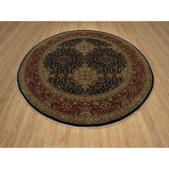 9'9 "x9'9" Noir Intricate Kashan Revival Tapis rond en laine néo-zélandaise noué à la main