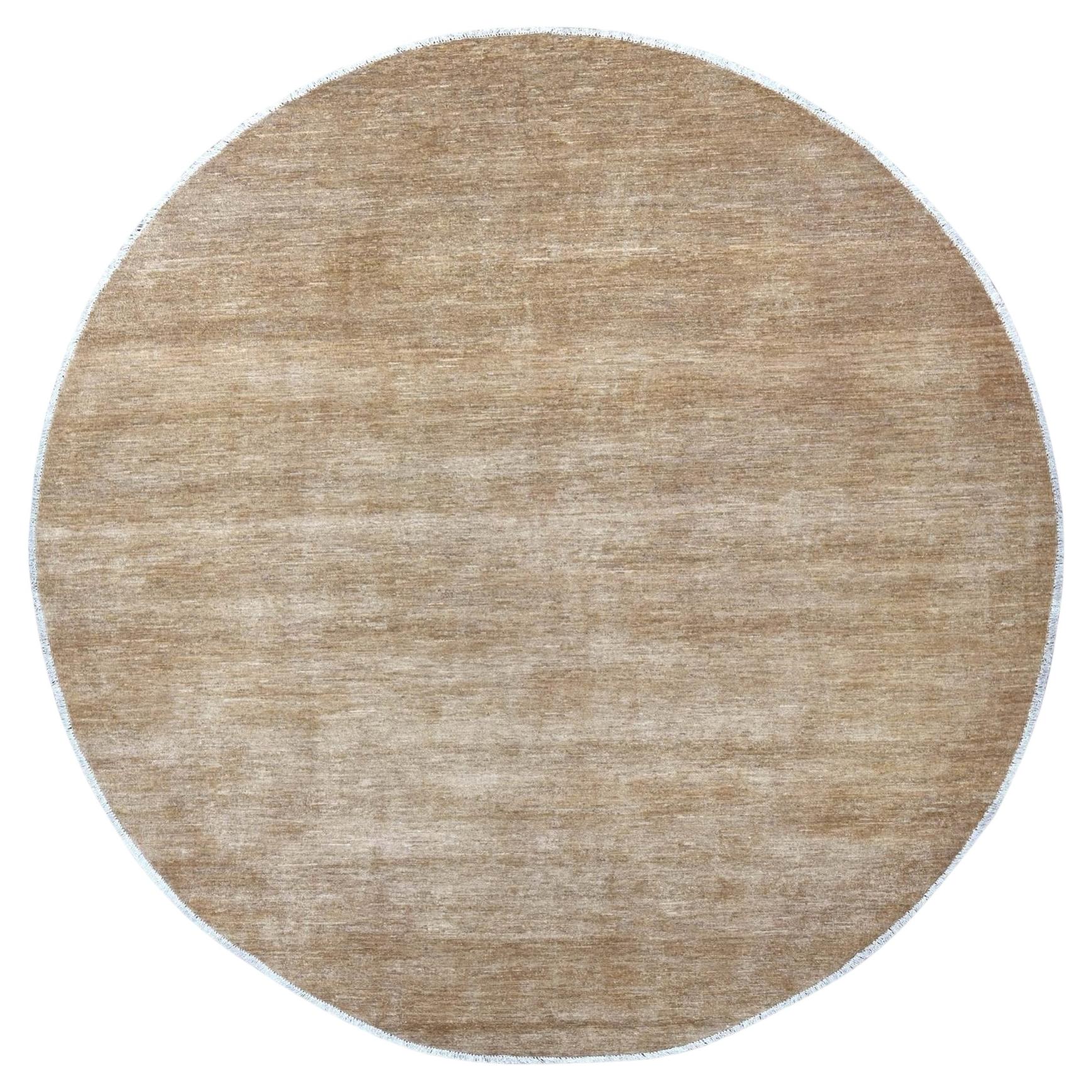 9'9"x9'9" Brown Plain Solid Pattern Ghazni Wool Hand Knotted Round Oriental Rug