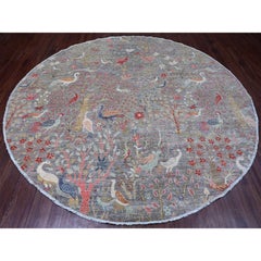 9'9"x9'9" Gray Peshawar Birds of Paradise Design Hand Knotted All Wool Round Rug