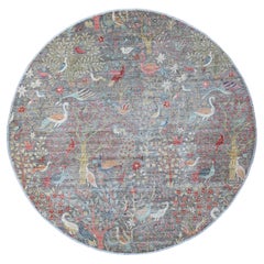 9'9"x9'9" Gray Peshawar Birds of Paradise Design Hand Knotted All Wool Round Rug