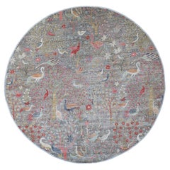 9'9 "x9'9" Alfombra Redonda de Lana Anudada a Mano con Diseño de Aves del Paraíso Gris Peshawar