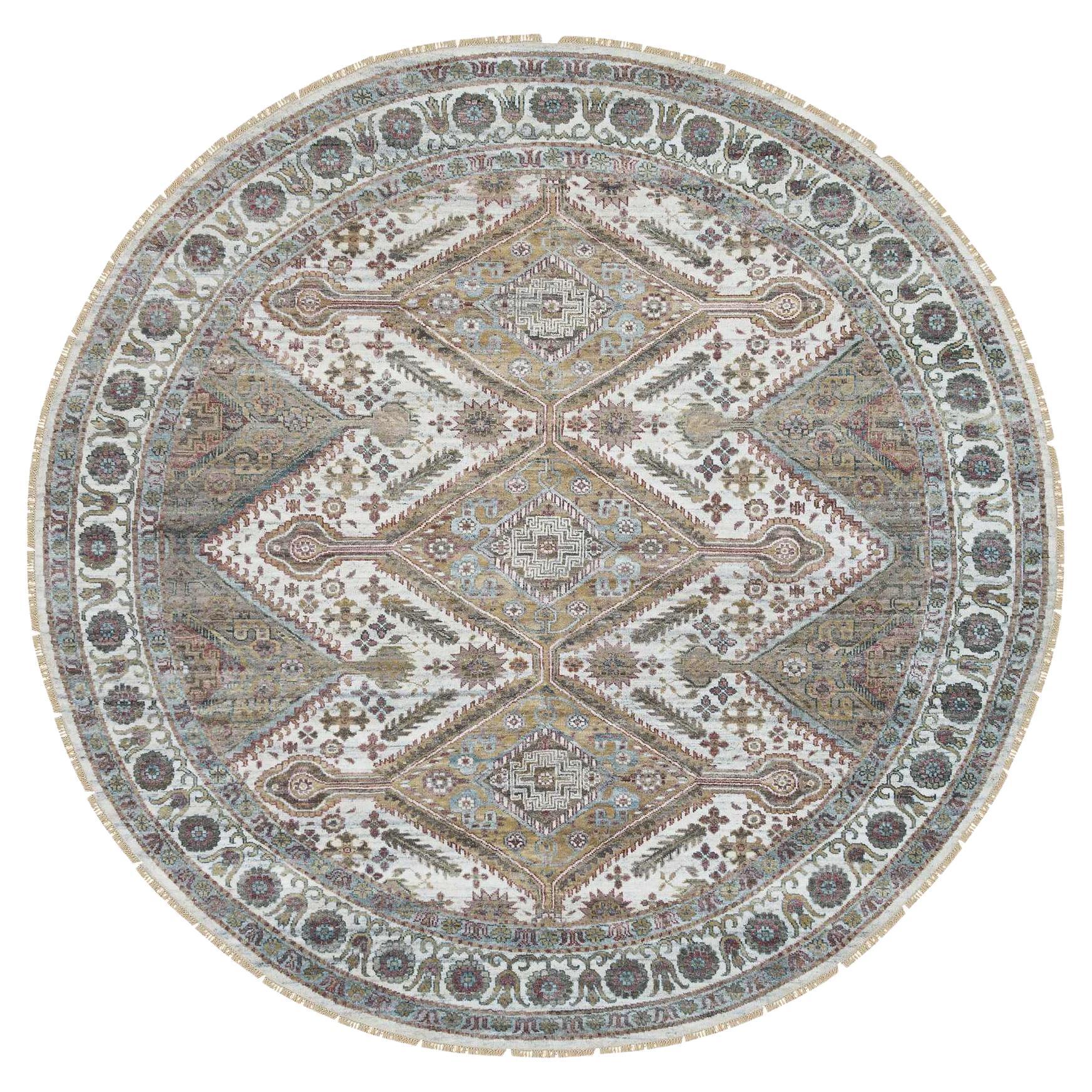 9'9"x9'9" Ivory Hand Knotted Shiraz Flower Rosettes Border Round Oriental Rug
