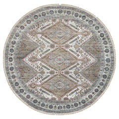 9'9 "x9'9" Ivoire Noué à la main Shiraz Fleur Rosettes Border Round Oriental Rug