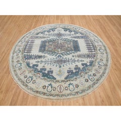 9'9"x9'9" Ivory Wool Hand Knotted Reimagined Persian Viss Round Oriental Rug