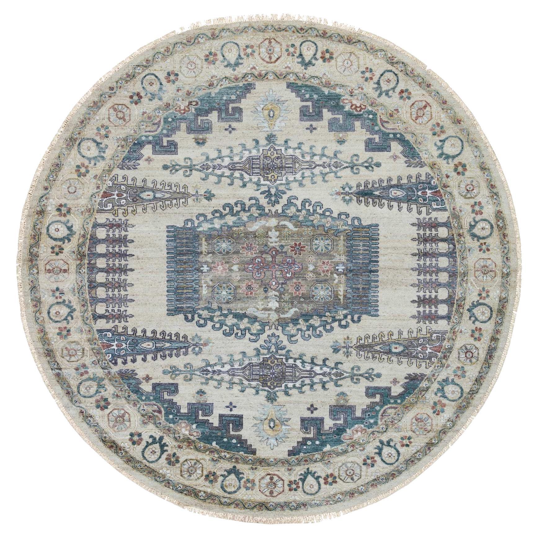 9'9"x9'9" Ivory Wool Hand Knotted Reimagined Persian Viss Round Oriental Rug
