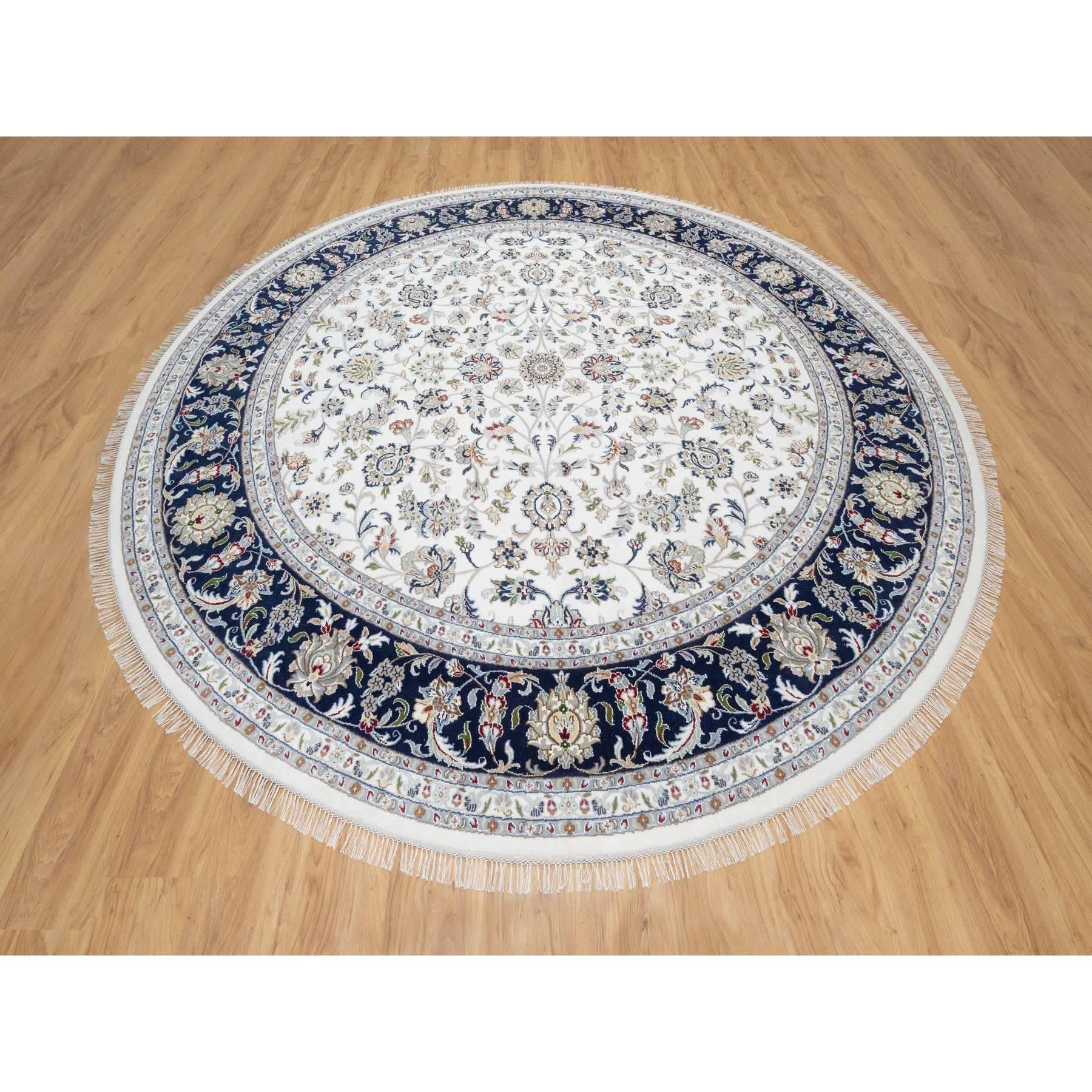 Rice White, Hand Knotted, Wool and Silk, Nain All Over Flower Design, 250 KPSI, Oriental Rug
Primary materials: Wool & Silk
Latex: No Pile 
height: 0.25 Inches
Style: Traditional
Primary color: Ivory
Secondary colors: Green, Honey Brown, Gray, Light