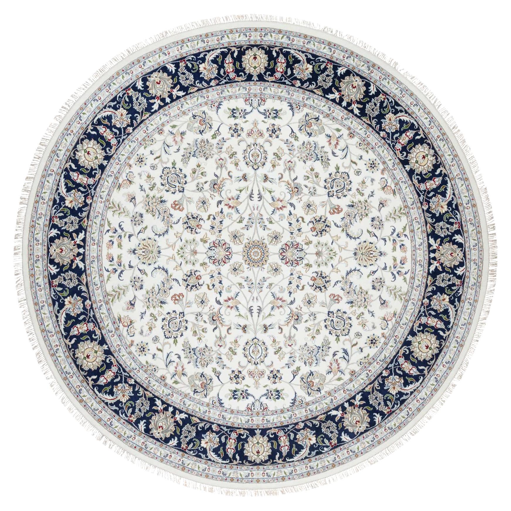 9'9 "x9'9" Bianco, Annodato a mano, Lana e Seta, Design/One, 250 KPSI Tappeto Rotondo