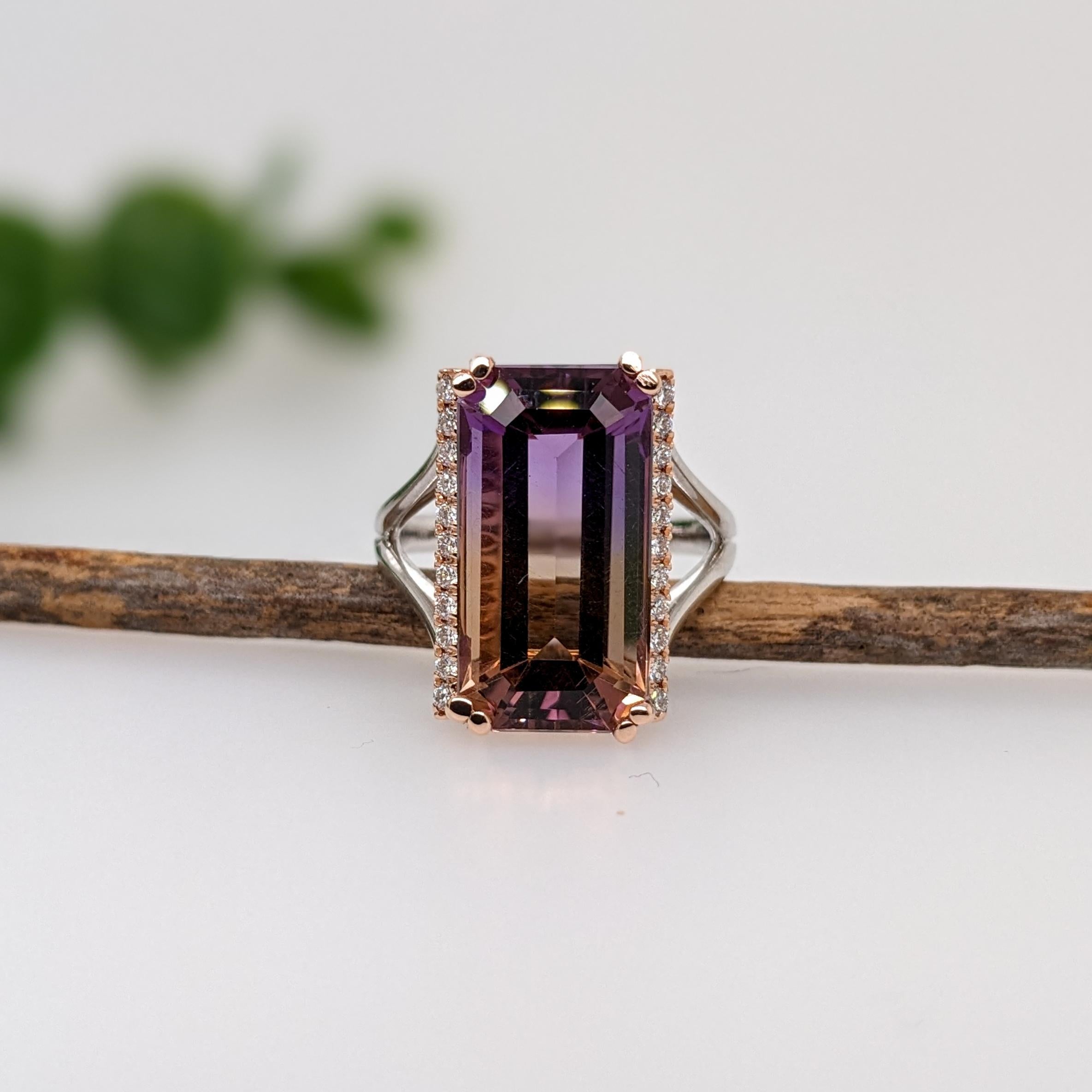 Art Deco 9ct Ametrine Ring w Earth Mined Diamonds in Solid 14K Dual Tone Gold EM 17x8mm