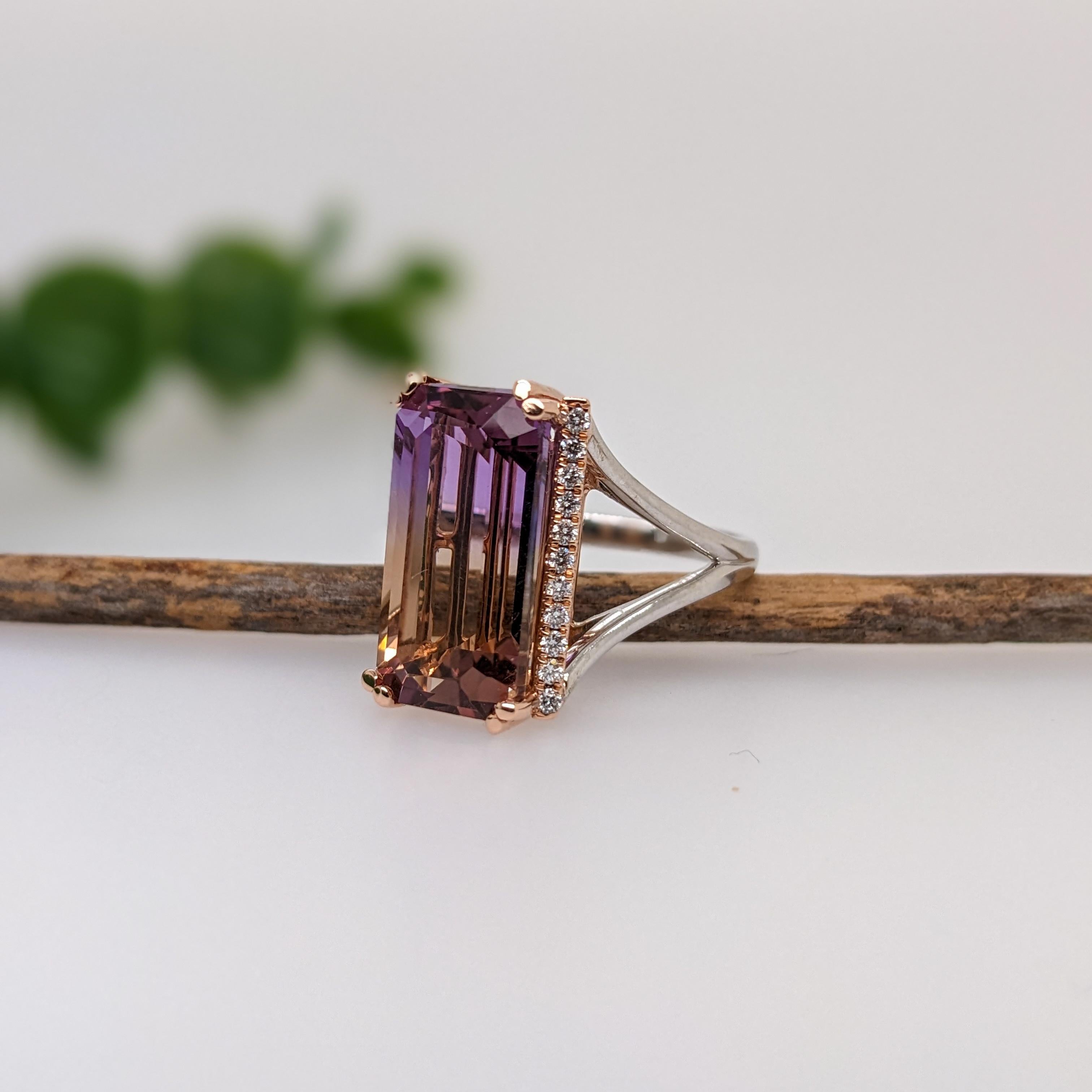 Emerald Cut 9ct Ametrine Ring w Earth Mined Diamonds in Solid 14K Dual Tone Gold EM 17x8mm