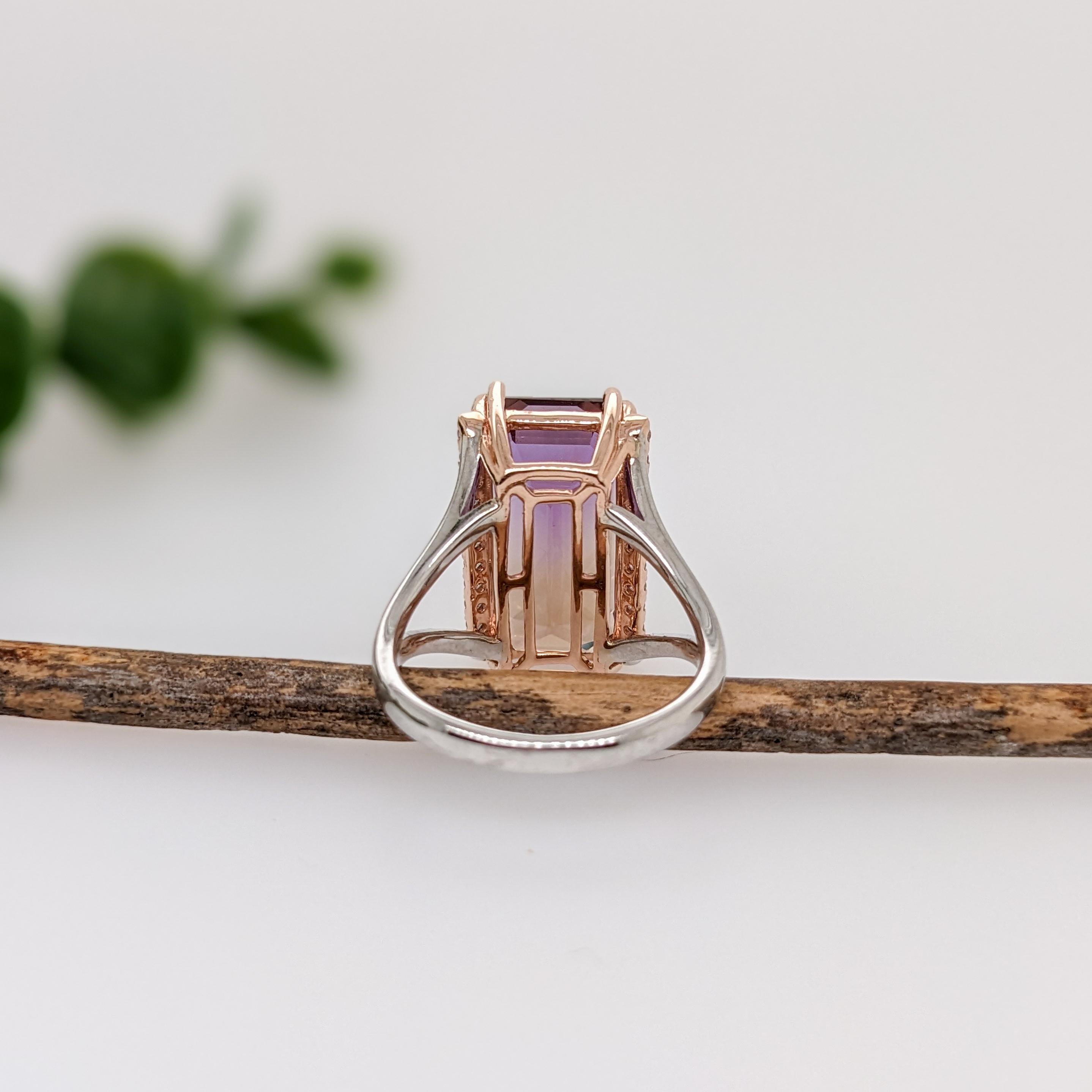 9ct Ametrine Ring w Earth Mined Diamonds in Solid 14K Dual Tone Gold EM 17x8mm In New Condition In Columbus, OH