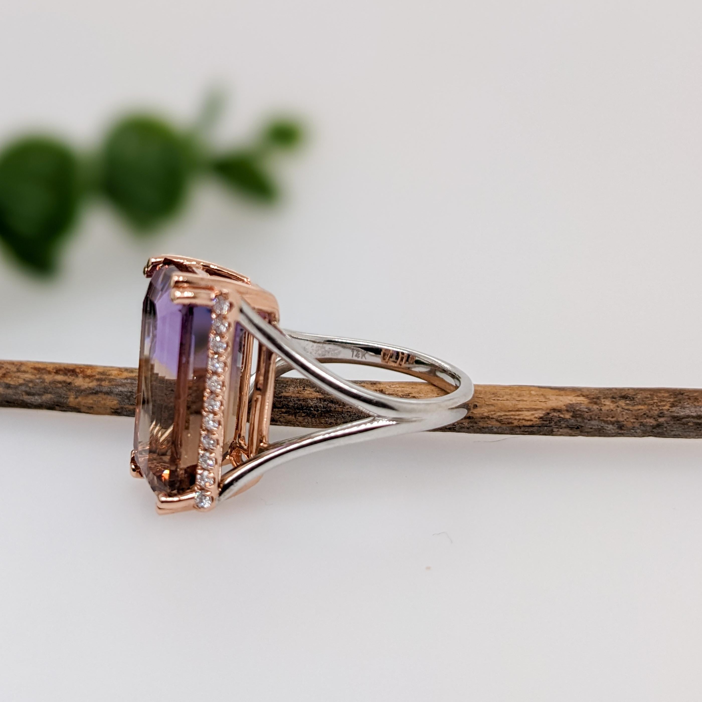 Women's 9ct Ametrine Ring w Earth Mined Diamonds in Solid 14K Dual Tone Gold EM 17x8mm