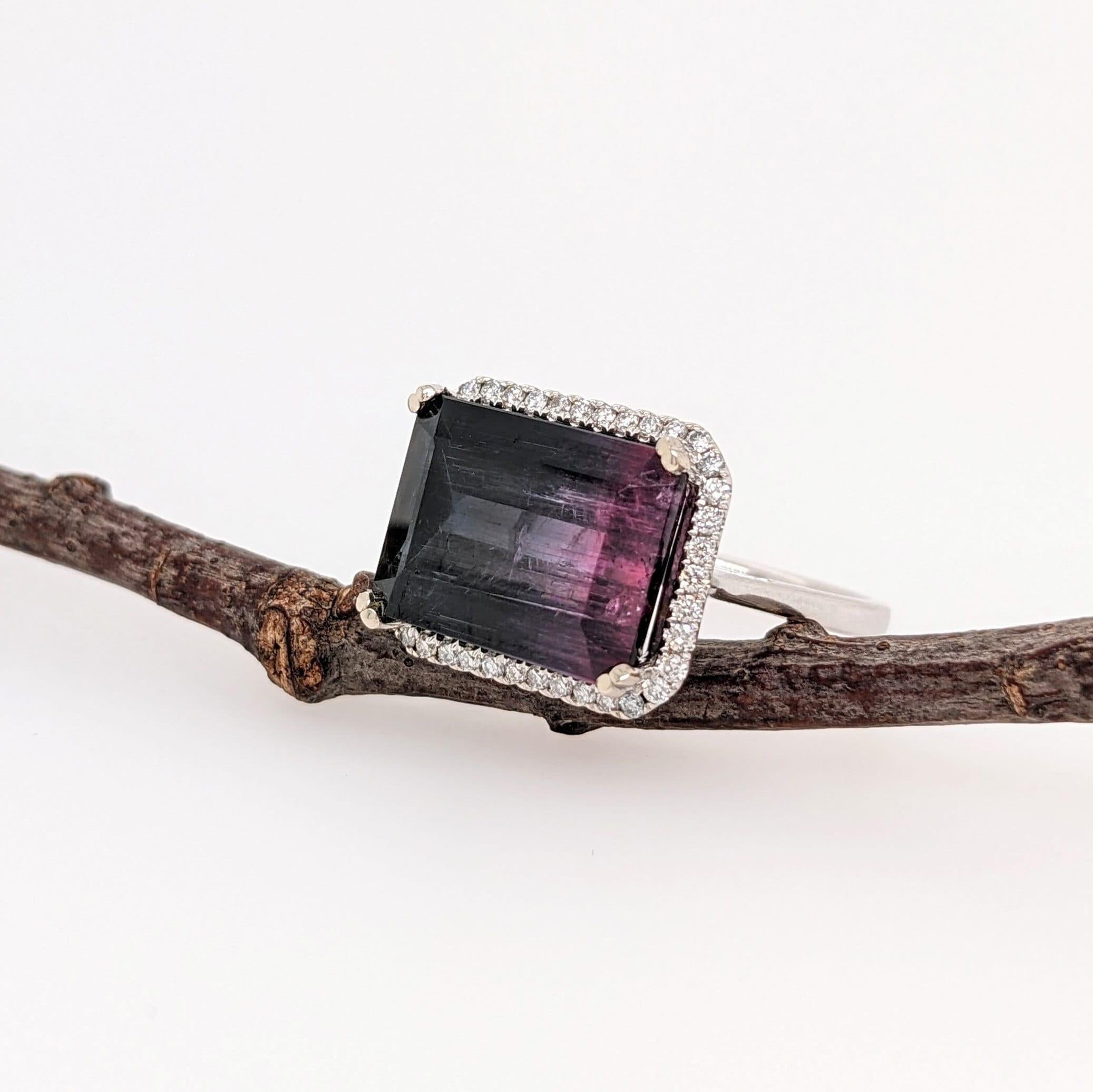 Art Deco 9ct Bi-color Tourmaline Ring w Earth Mined Diamonds in Solid 14k Gold EM 15x11mm For Sale