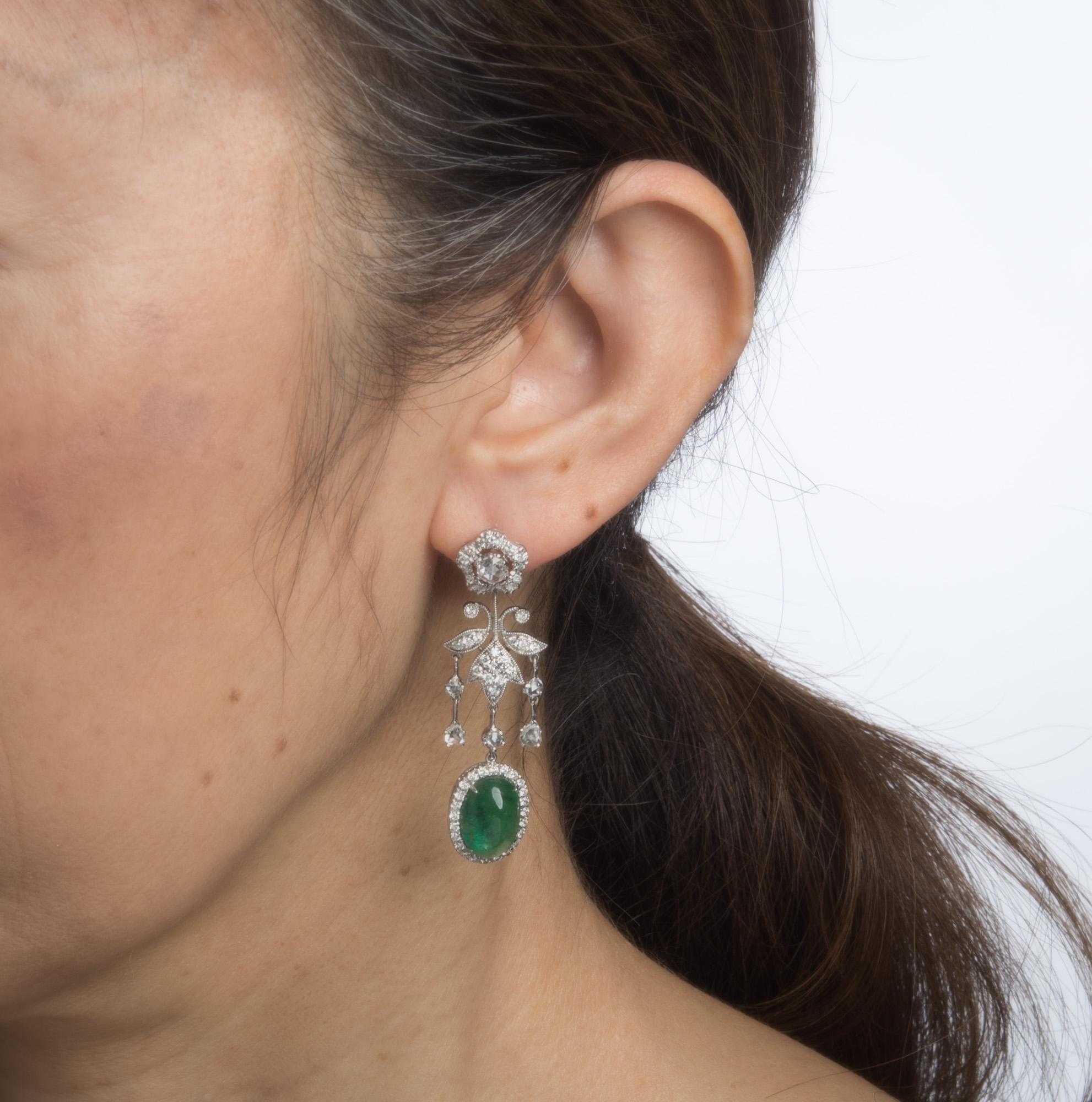 Modern 9ct Emerald 1.50ct Diamond Earrings Estate 14k White Gold Flower Drop Jewelry