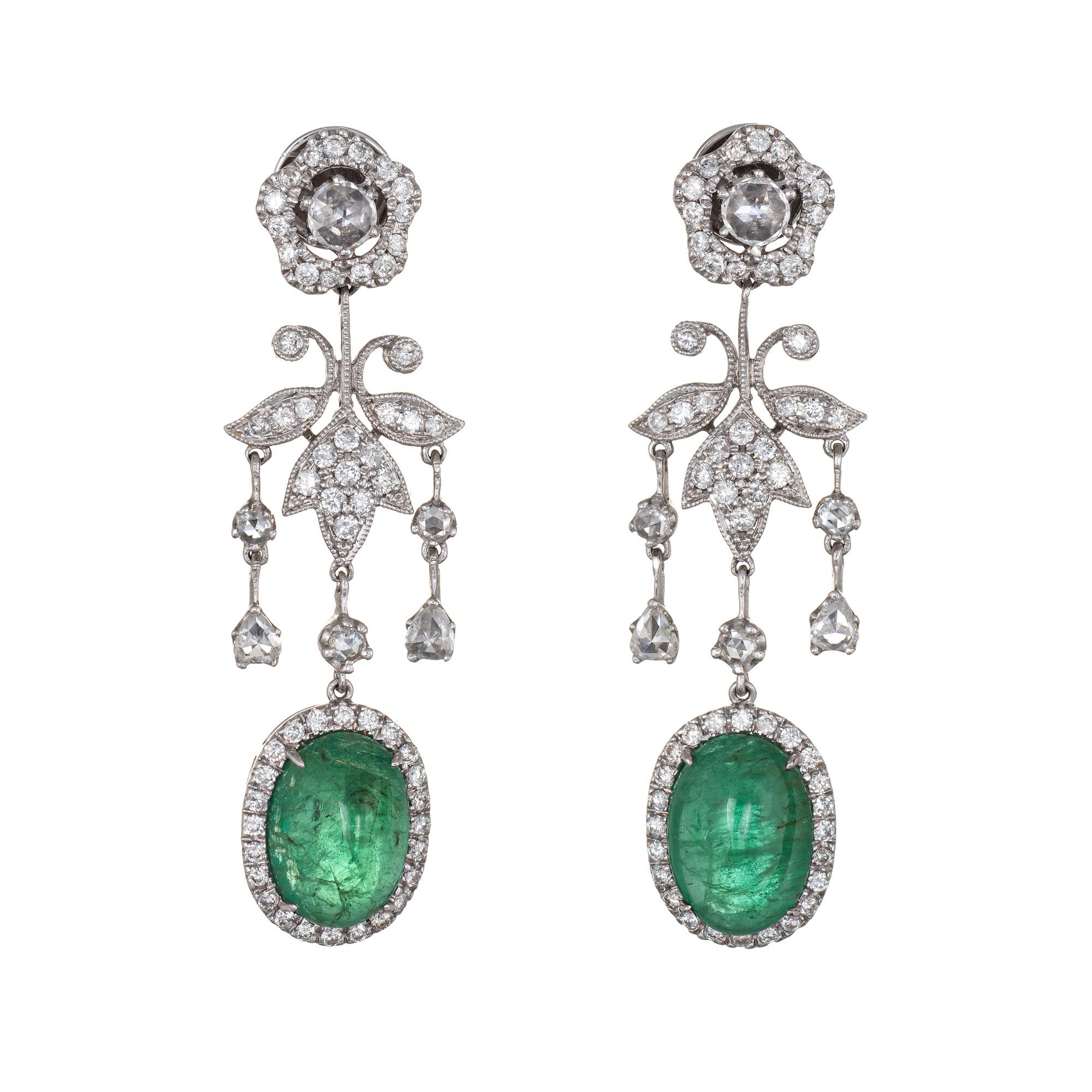 Oval Cut 9ct Emerald 1.50ct Diamond Earrings Estate 14k White Gold Flower Drop Jewelry