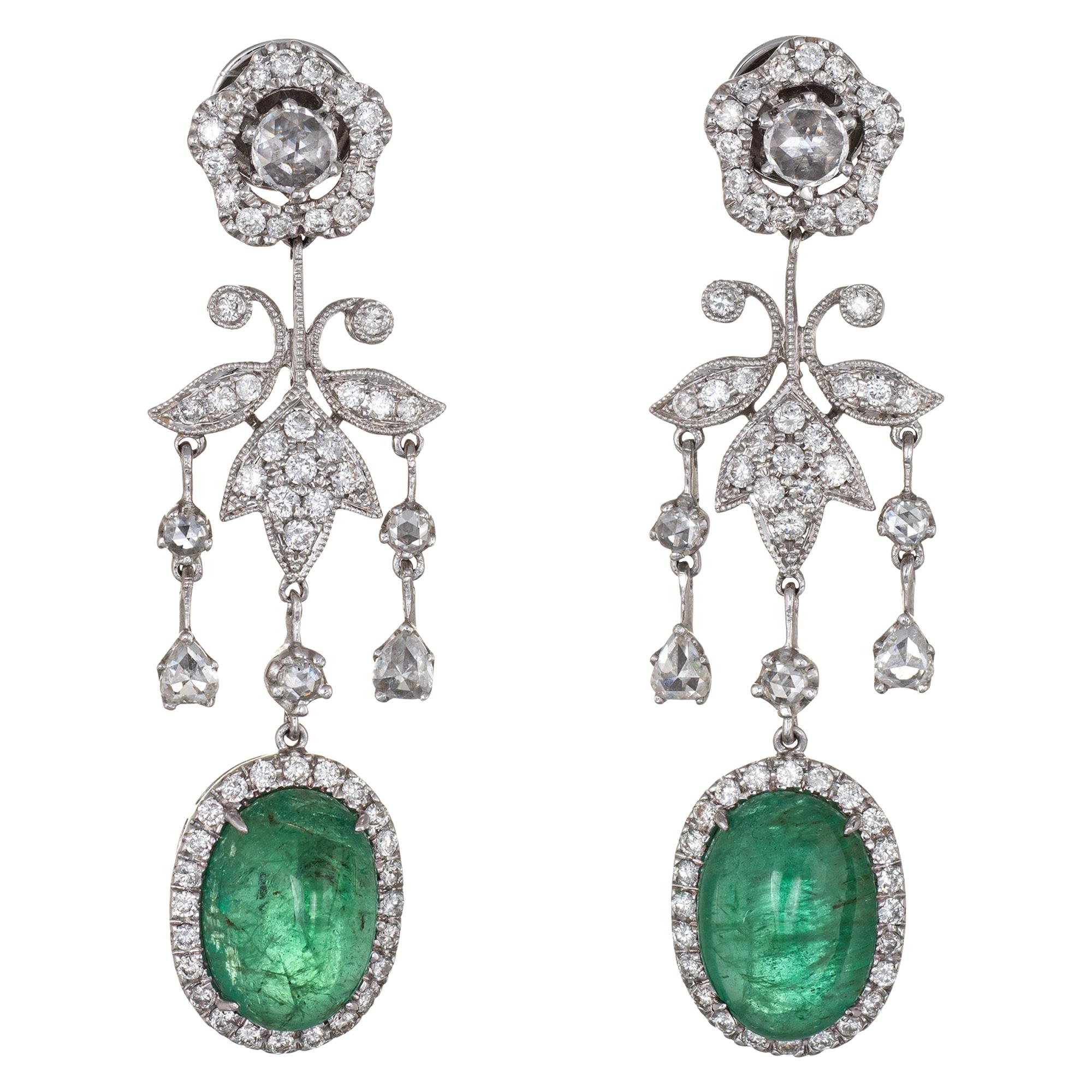 9ct Emerald 1.50ct Diamond Earrings Estate 14k White Gold Flower Drop Jewelry