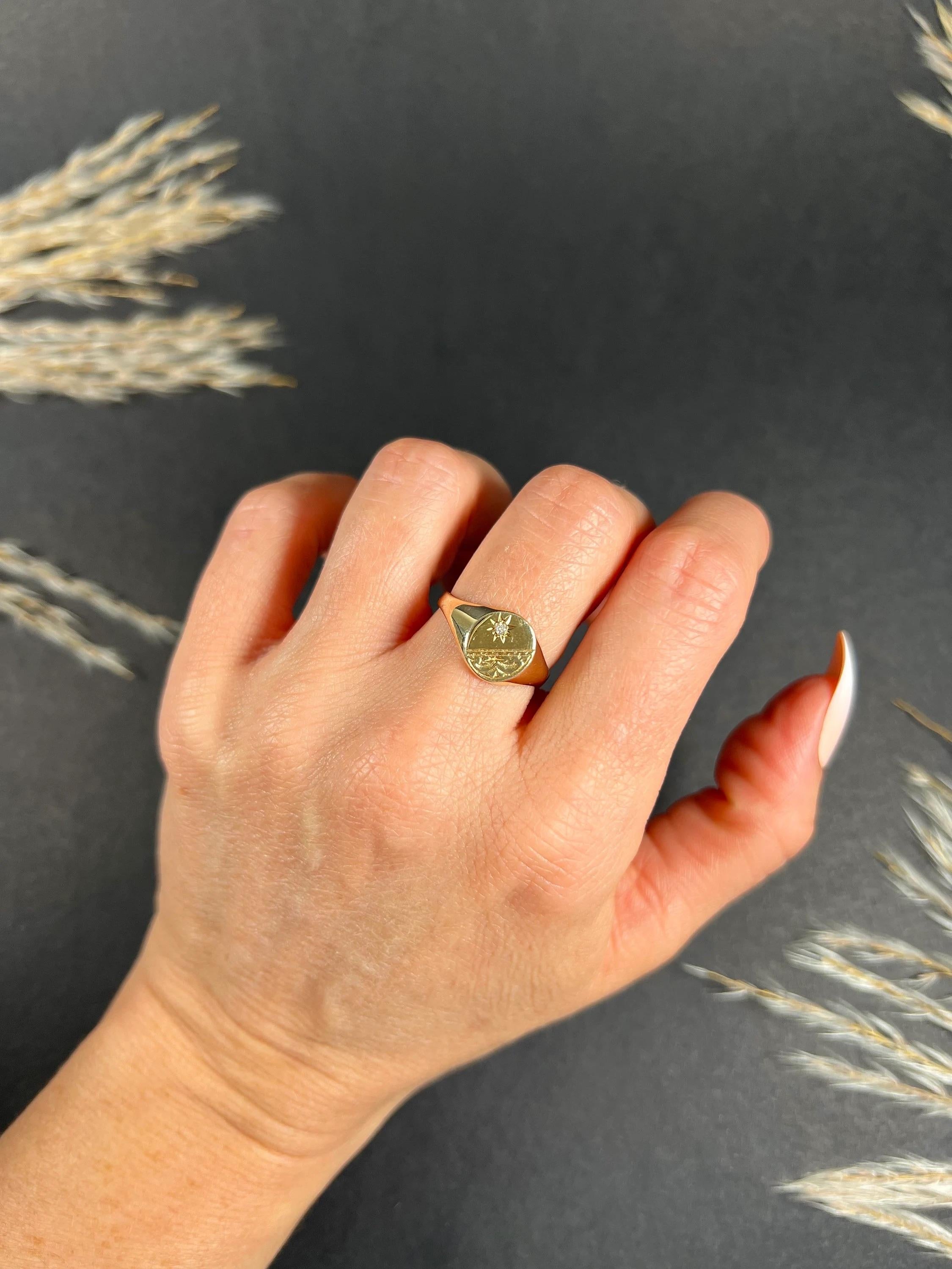 Vintage Signet Ring 

9ct Gold Stamped

Hallmarked Birmingham 1992

Makers Mark  G & T J 

Introducing a stunning vintage 9ct yellow gold oval shaped signet ring that is a true work of art. This unisex piece features intricate engravings on one half