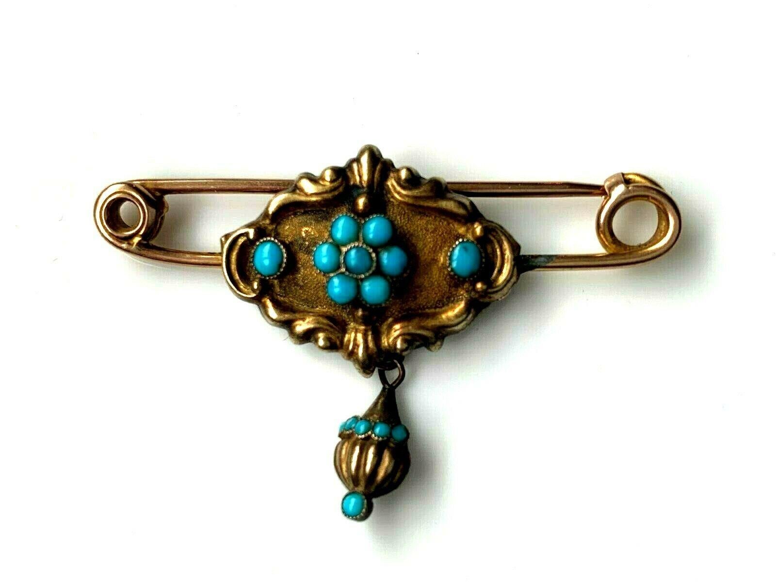 9ct 375 Gold Antique Georgian Brooch with 
beautiful Turquoise stones
Beautifully decorative floral design
Actual Size 4.5cm x 2cm
Weight 3.28 grammes
Fully Hallmarked in two places.
Chester 1780 Makers R.P ? 