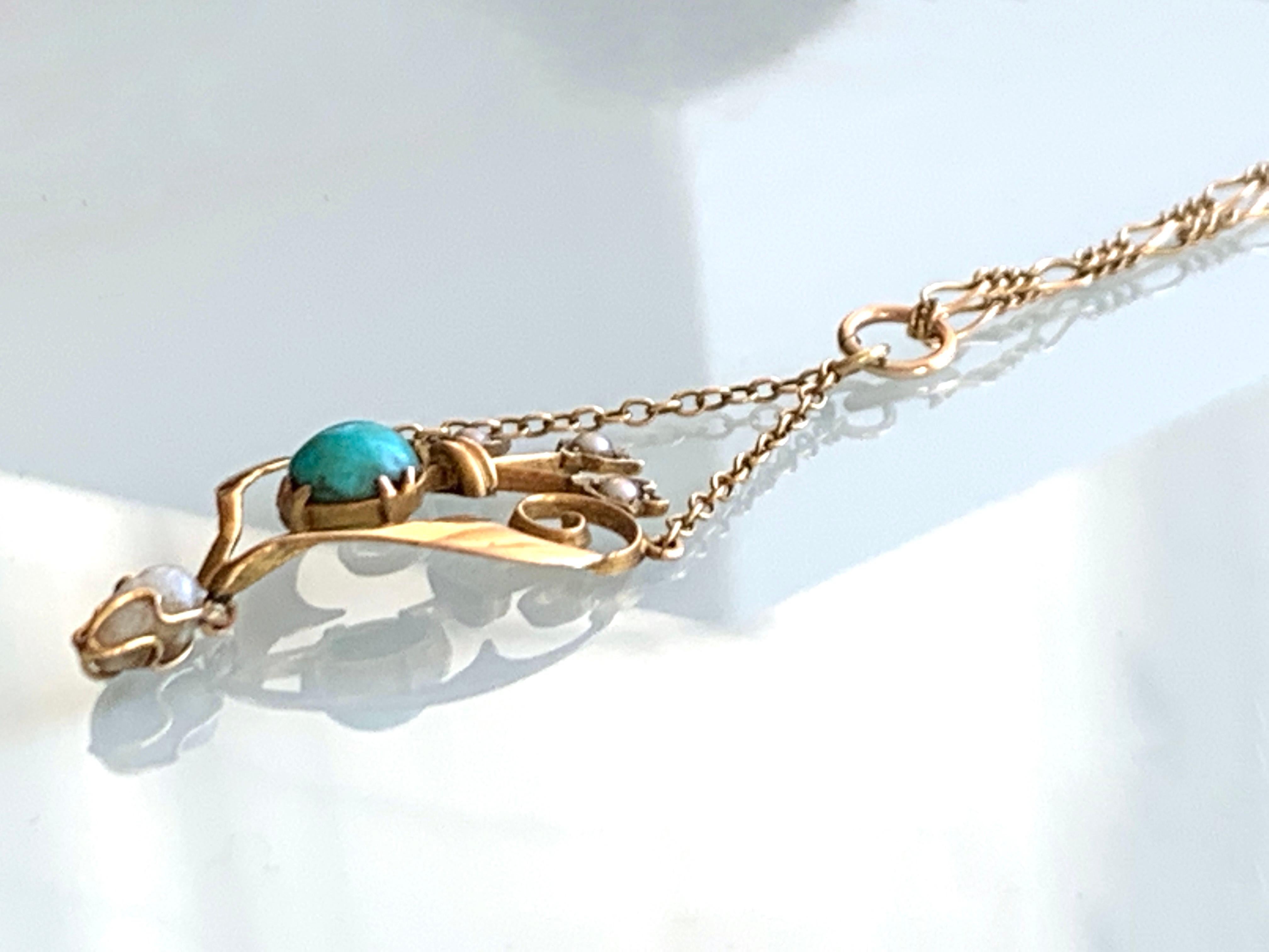 9 Karat Gold Antike Türkis & Saatperlen Halskette (Art nouveau) im Angebot