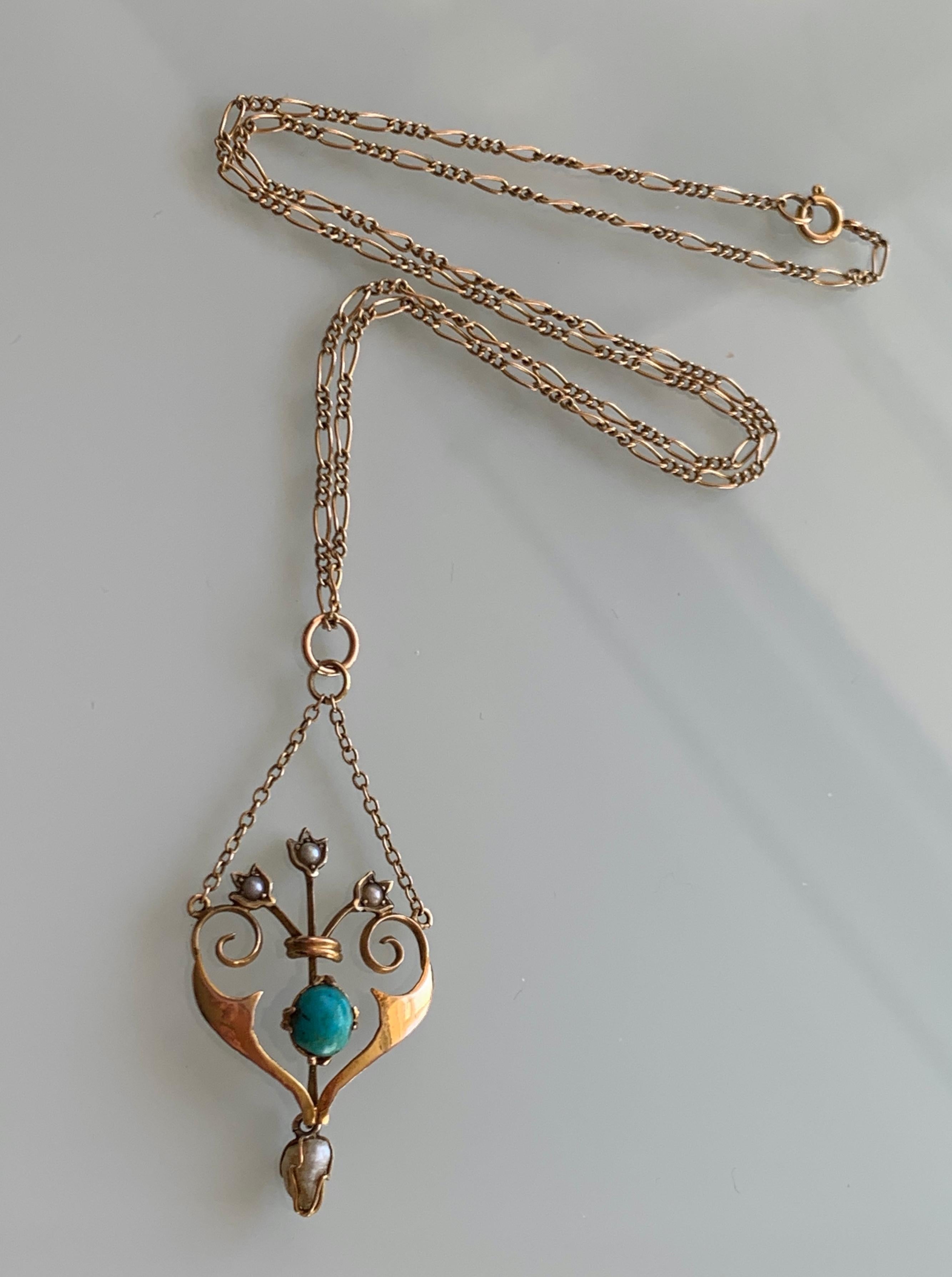 Art Nouveau 9ct Gold Antique Turquoise & Seed Pearl Necklace For Sale