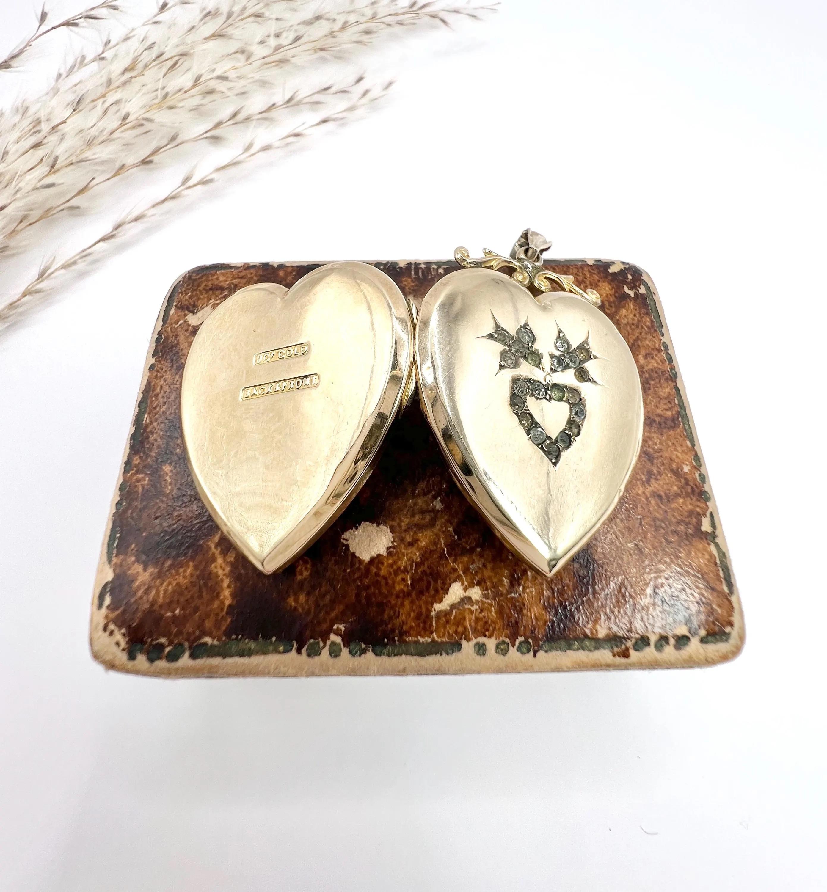 9ct Gold Back & Front Victorian Swallow Engraved Heart Locket  with Paste Stones 2