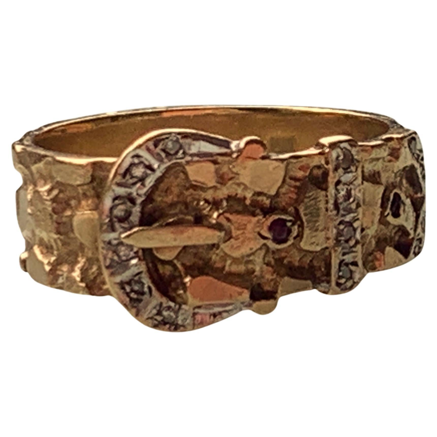 9ct Gold Bark Buckle Diamond Set Ring For Sale