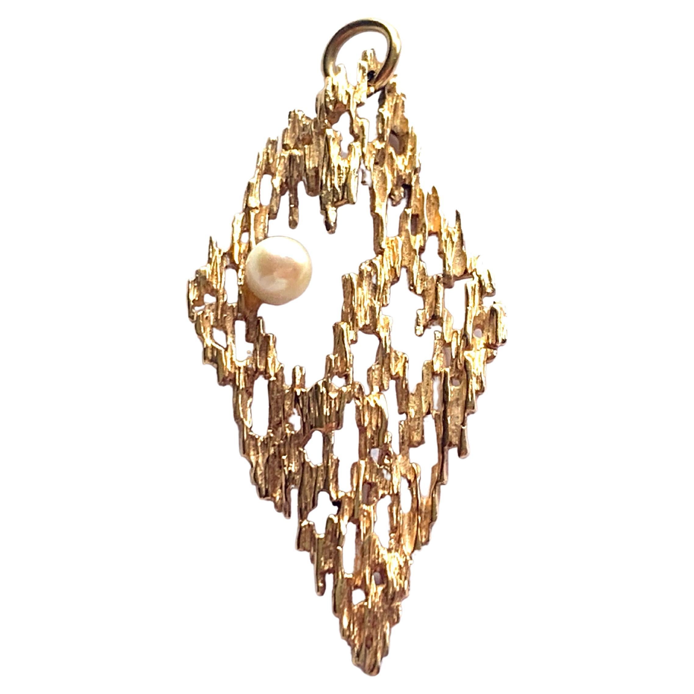 9ct Gold Brutalist design pearl Pendant 