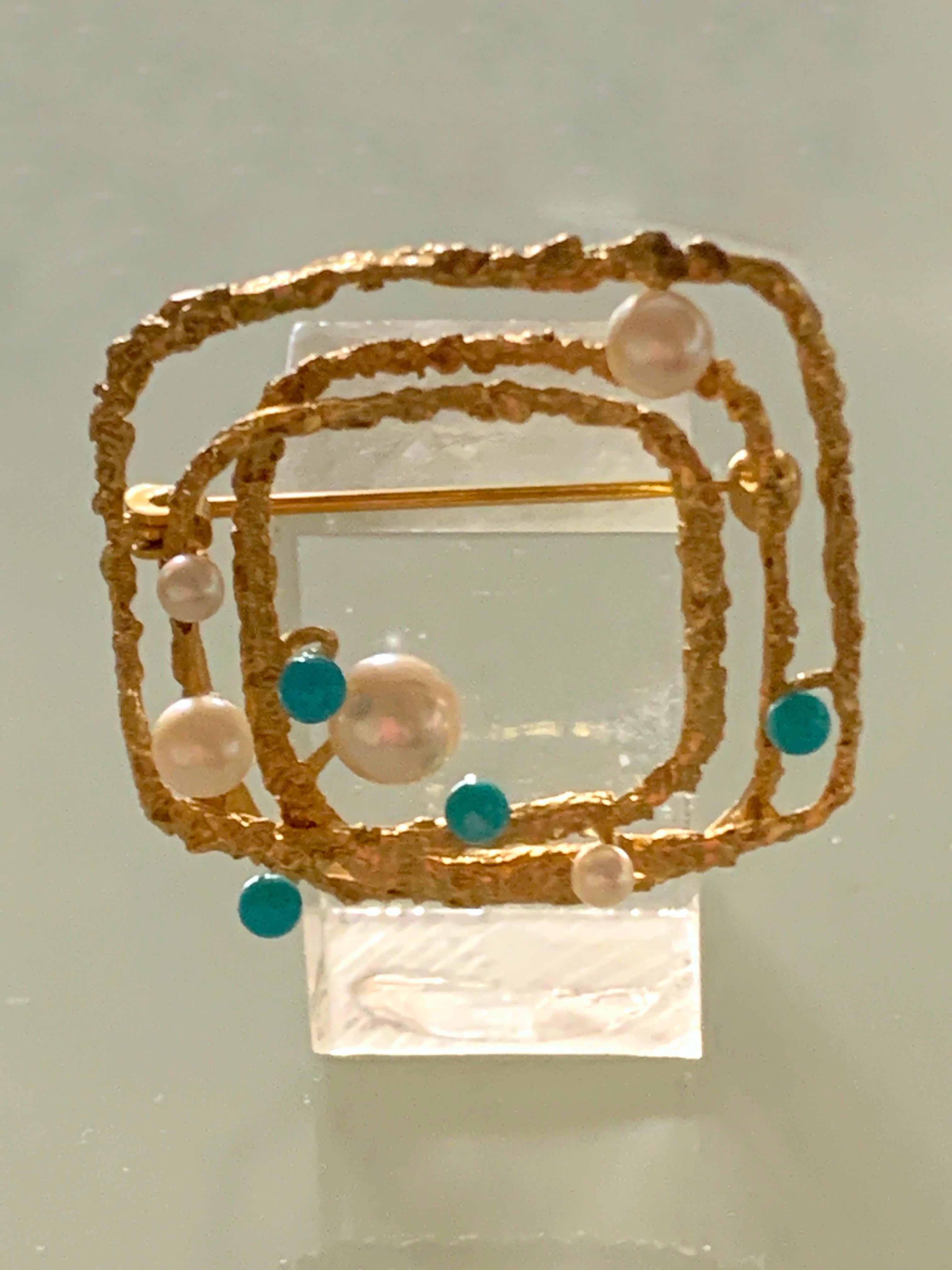 Contemporary 9 Carat Gold Brutalist Pearl & Turquoise Brooch