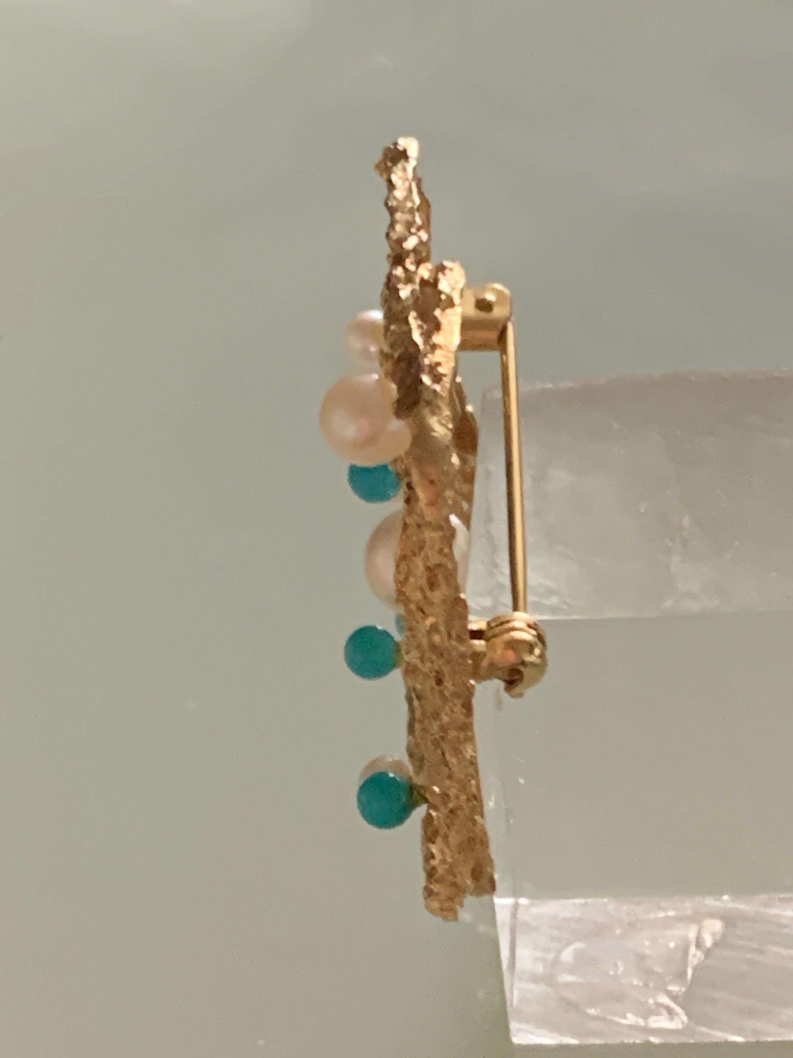 9 Carat Gold Brutalist Pearl & Turquoise Brooch In Good Condition In London, GB