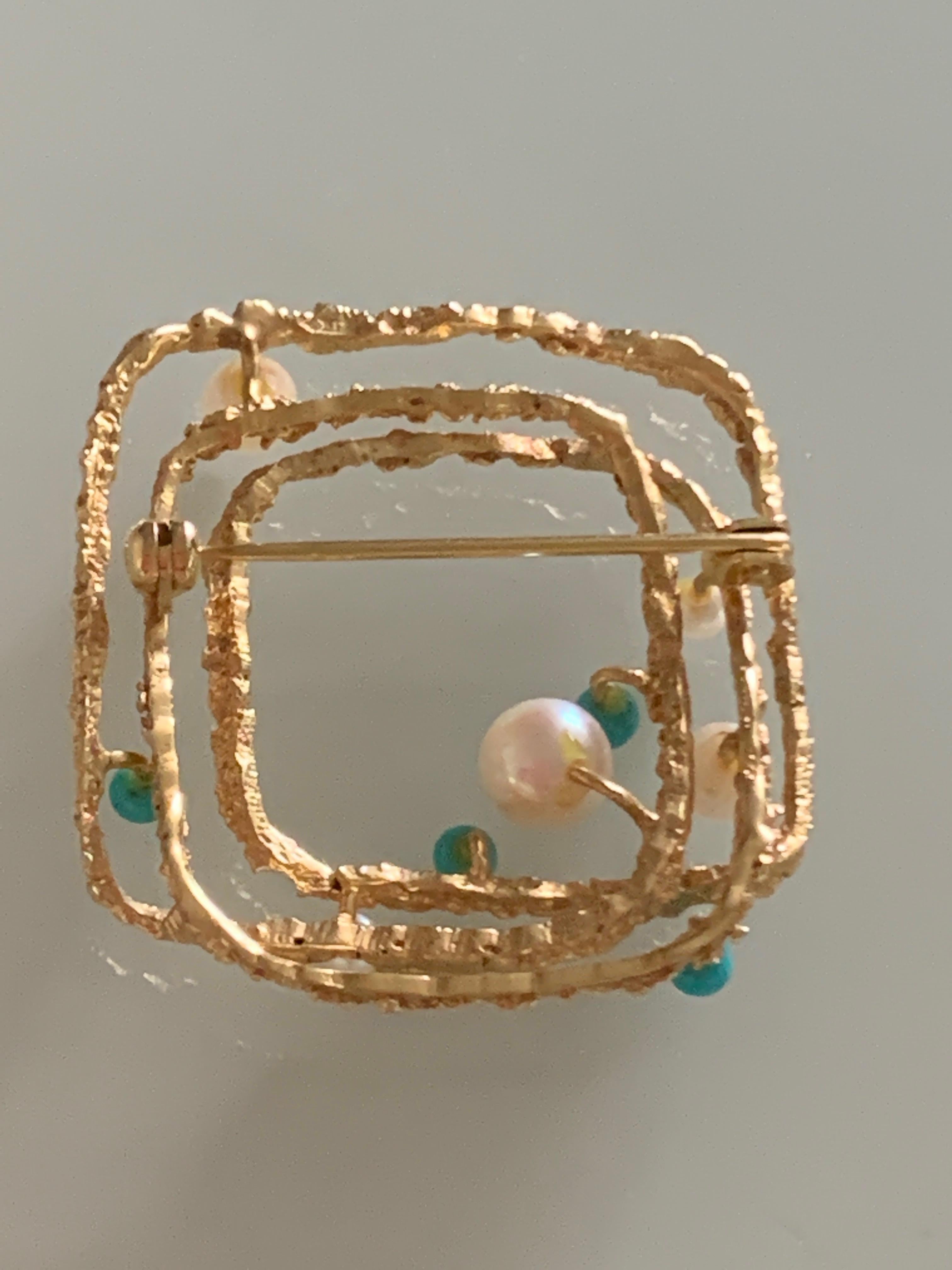 Women's 9 Carat Gold Brutalist Pearl & Turquoise Brooch