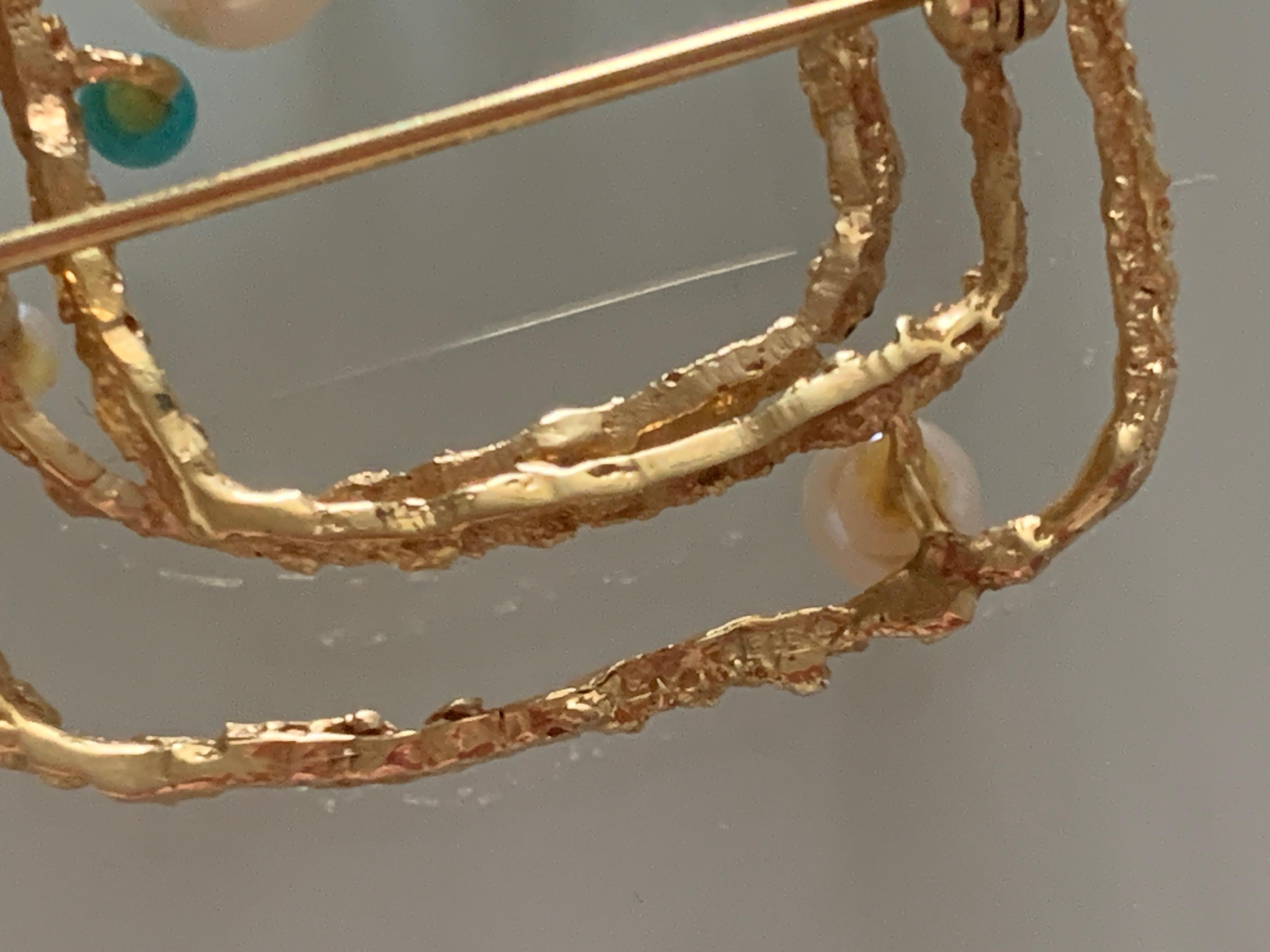9 Carat Gold Brutalist Pearl & Turquoise Brooch 1